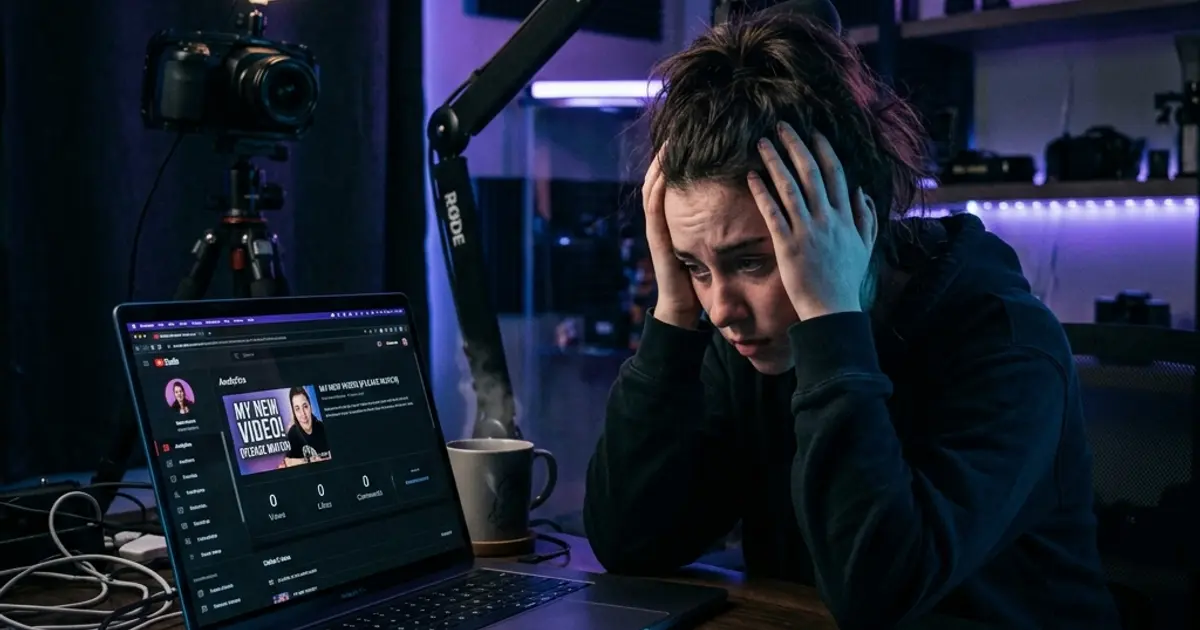Frustrated creator staring at YouTube 0 views