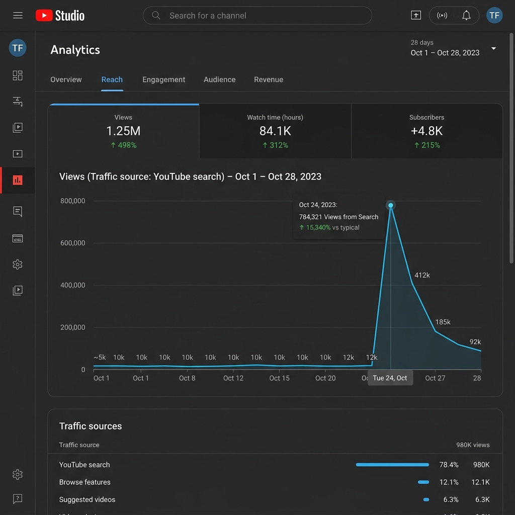 My YouTube Studio Analytics showing a massive spike in search traffic